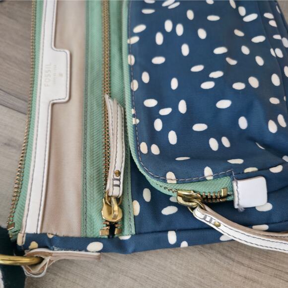 Fossil Crossbody Blue/Green Polka Dot Adjustable Strap PVC Coated Bag - Picture 5 of 12